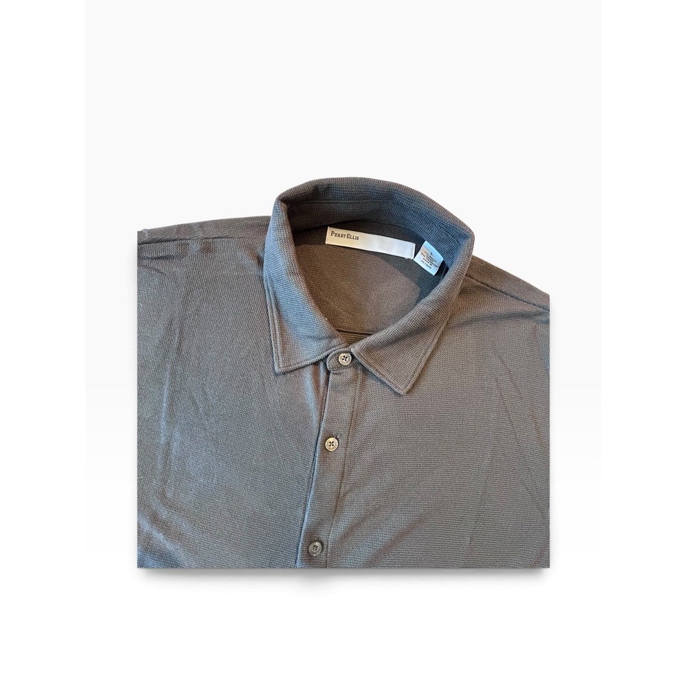 Perry Ellis Mens Large Gray Modal Blend Short Sleeve Button Down Shirt Textured